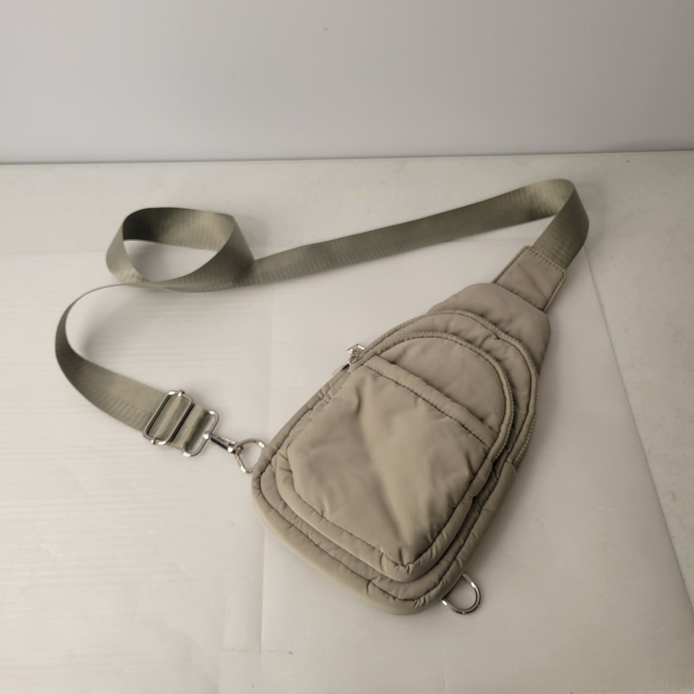 Urban Expressions Puffer Sling Bag Taupe Crossbody Nylon Look Multi Pocket *Read